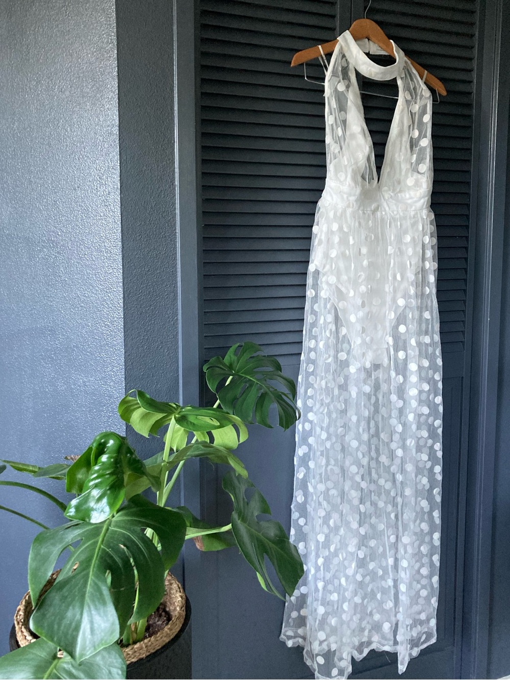 White Polka Dot Mesh Halter Maxi Dress